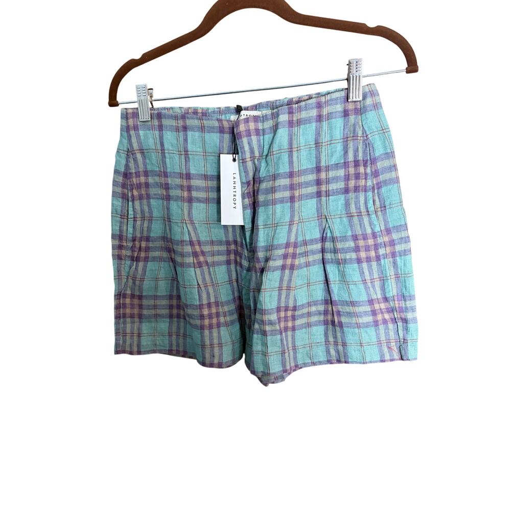 NEW LANHTROPY 100% Linen Shorts Pleated Plaid Pockets M Preppy Coastal Summer - Picture 2 of 6